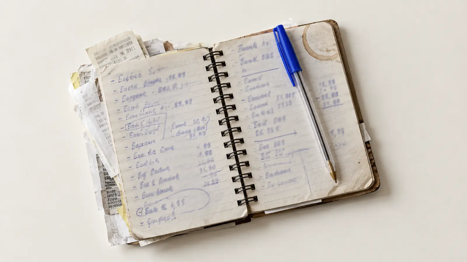 Caderno espiral aberto com anotações de valores à caneta azul, uma caneta esferográfica em cima e cupons fiscais amassados por baixo, sobre uma mesa clara