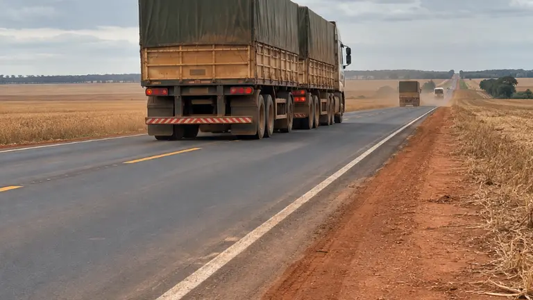 Bitrem graneleiro com lona verde rodando em rodovia de asfalto entre lavouras colhidas, com outro caminhão vindo ao fundo e acostamento de terra vermelha