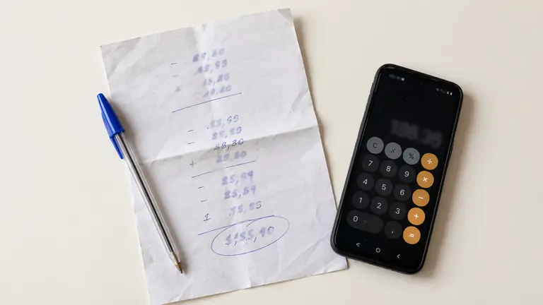 Folha de papel dobrada com uma conta de somar e subtrair à caneta azul e o total circulado, ao lado de uma caneta e de um celular aberto na calculadora